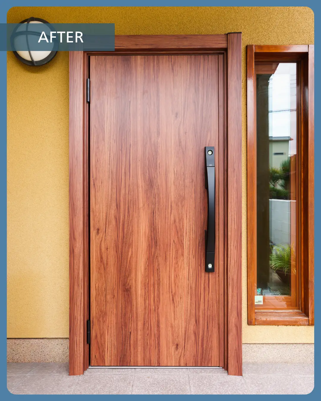 Front wooden entry door with a long black vertical handle, flanked by a window on the right and a yellow wall behind.